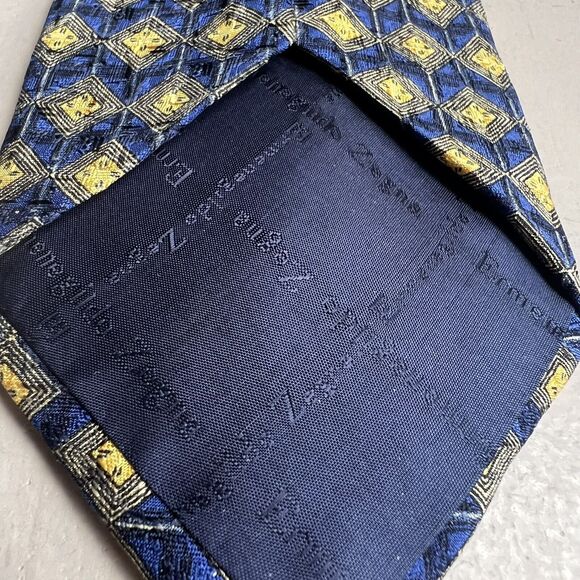 Ermenegildo Zegna Navy Blue 100% Silk w/ Yellow Gold Diamond Geometric Neck Tie - Picture 4 of 11